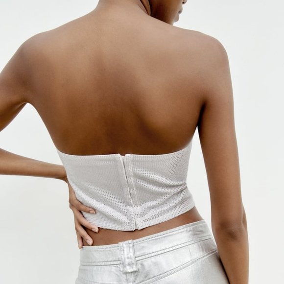 NWT WHITE SILVER RHINESTONE STRAPLESS TOP - Picture 3 of 5